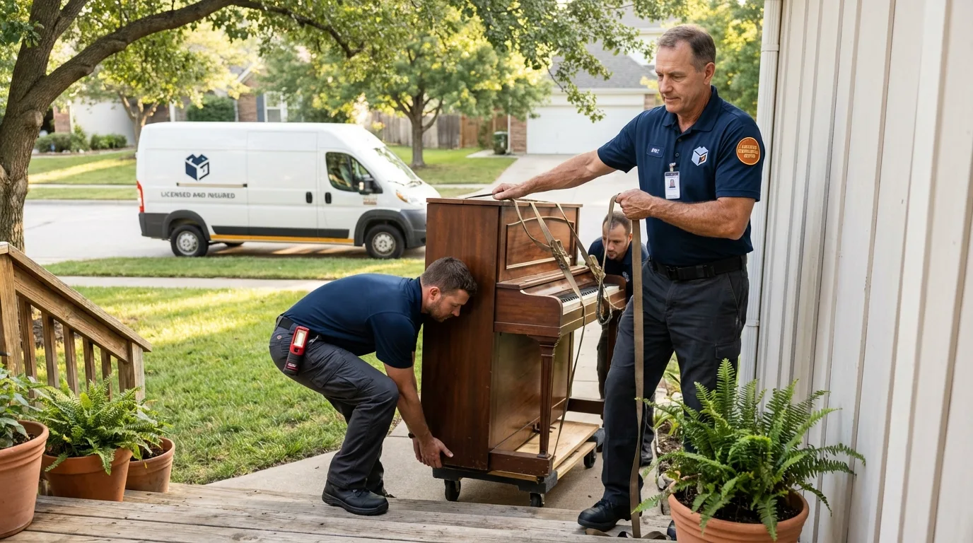 Licensed piano movers securing grand piano in Flandreau, SD
